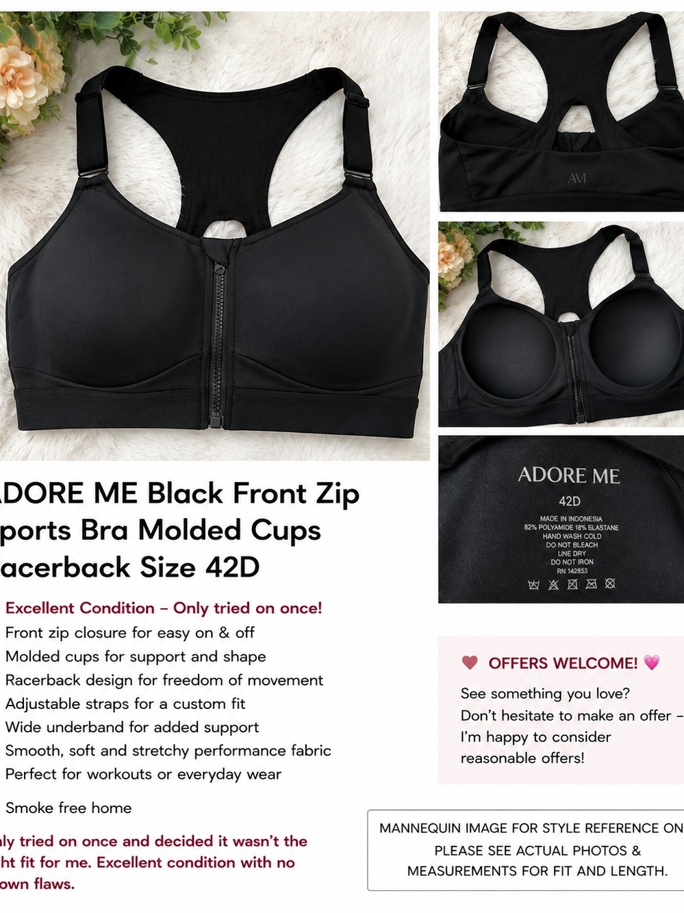Adore Me Black Front Zip Sports Bra 42D Molded Cup Racerback